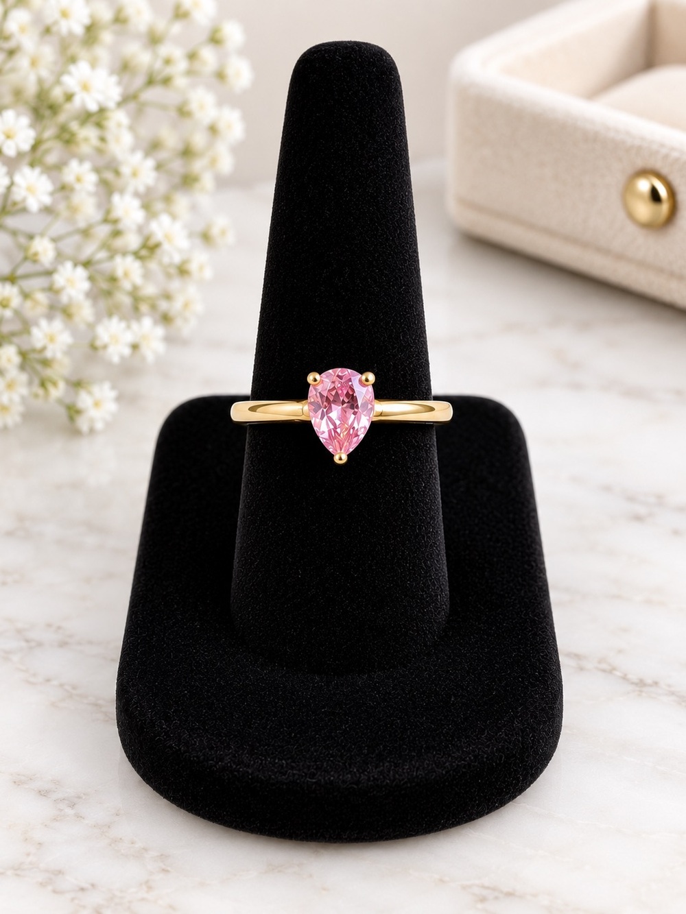 Gold Filled Pink Pear Cut Solitaire Ring Size 7 Dainty Minimalist